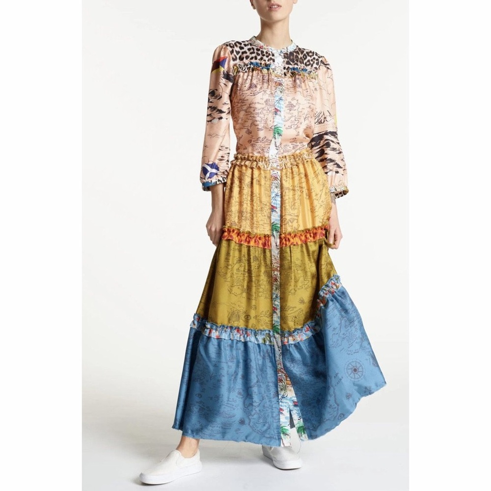 La Prestic Ouiston Flore Map Carte Silk Maxi Dress Tiered Patchwork Panther 0